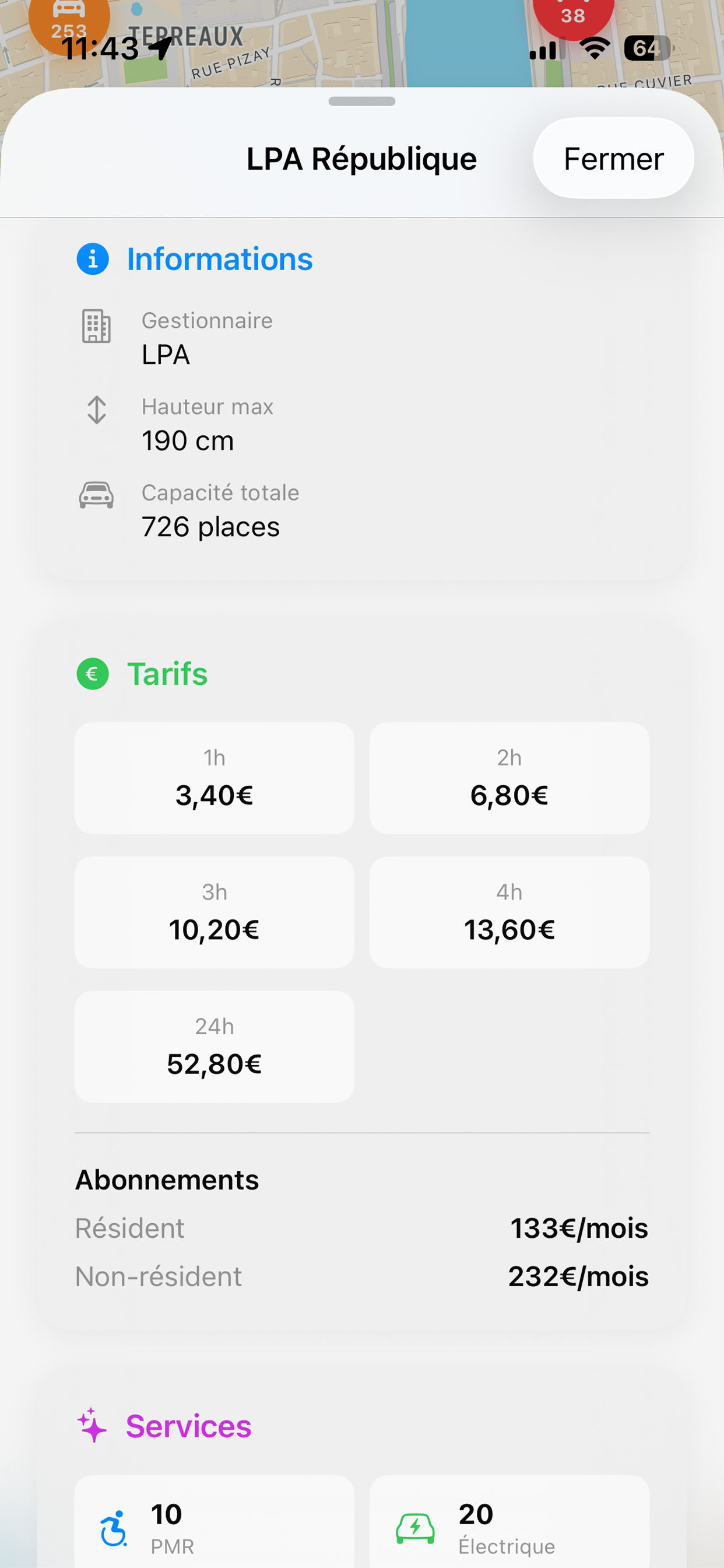 Détail d'un parking avec tarifs et disponibilité