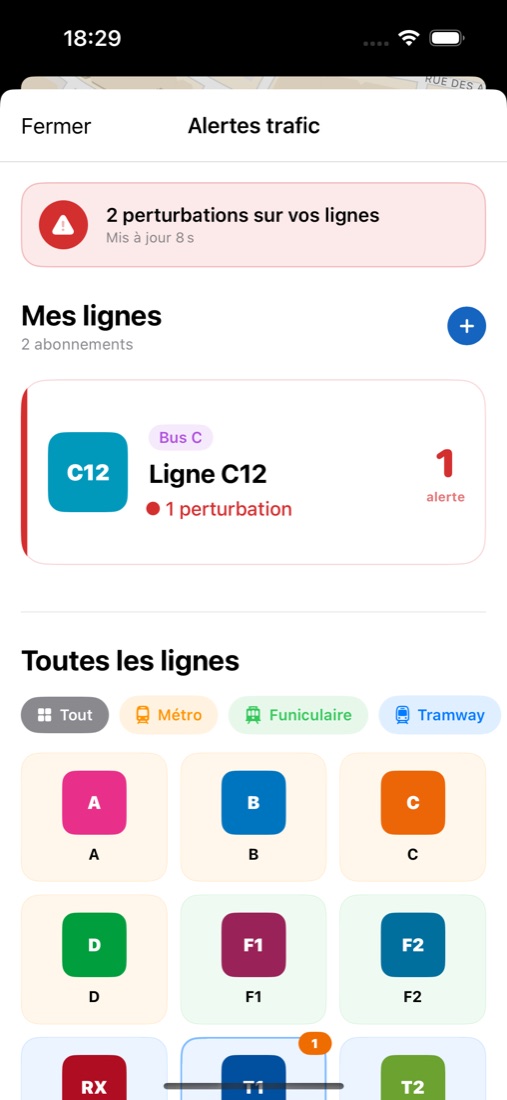 Écran des alertes trafic avec les lignes suivies