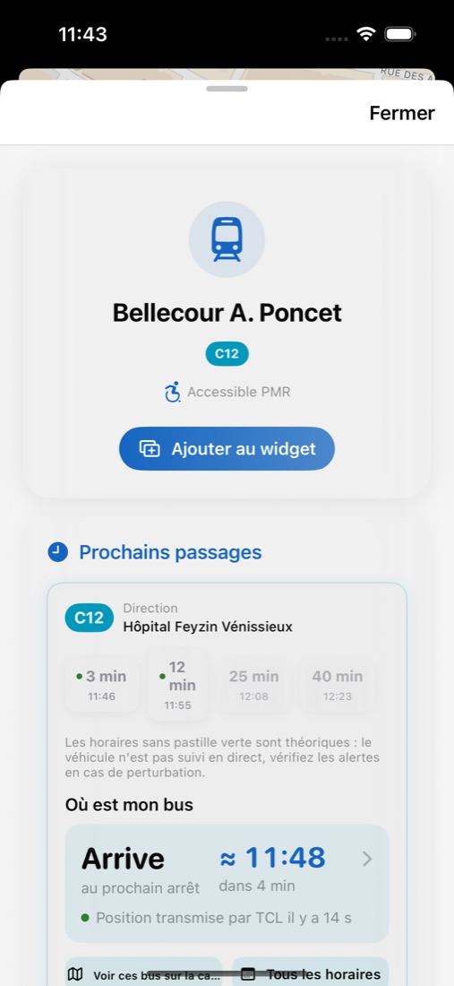 Fiche d'un arrêt avec les prochains passages et l'arrivée estimée du bus