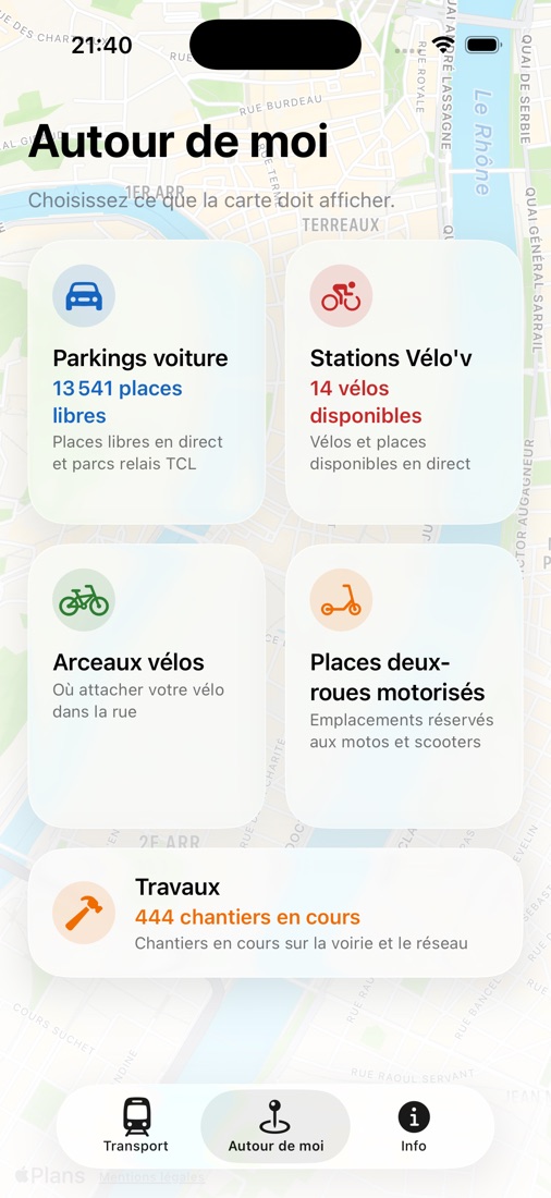 Accueil de l'onglet Autour de moi avec les places libres et les chantiers du moment