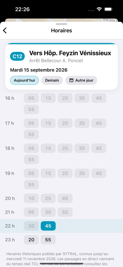 Fiche horaire d'une ligne, heure par heure, avec le choix du jour