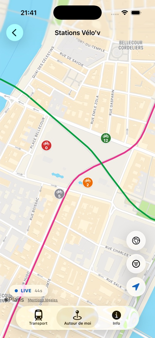 Carte des stations Vélo'v avec le nombre de vélos disponibles